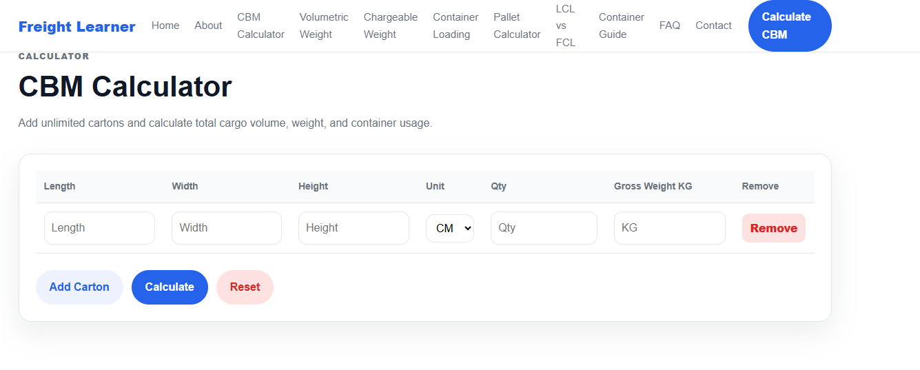 Freight Learner CBM Calculator interface for entering carton length, width, height, unit, quantity, and gross weight